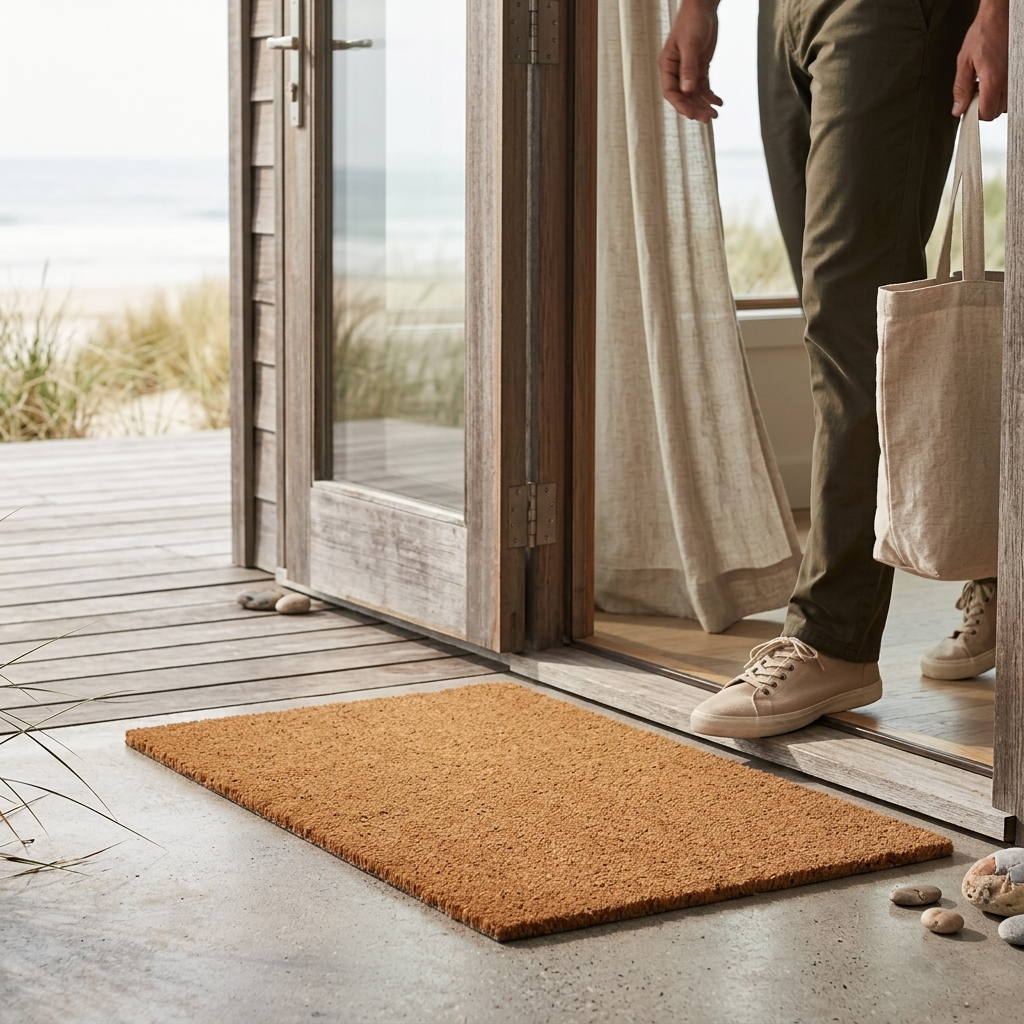 A rectangular natural coir doormat in a warm tan-brown color, positioned on a concrete floor at the threshold of a beach house. A person wearing olive green pants and beige sneakers is stepping onto the mat while holding a canvas tote bag.