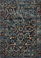 Decorative rug with intricate pattern on a dark blue background