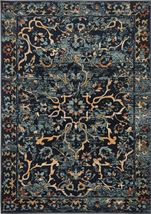 Decorative rug with intricate pattern on a dark blue background
