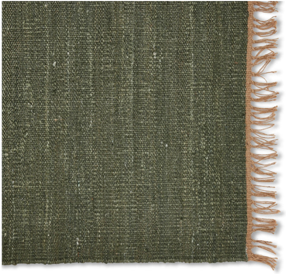 Green textured fabric with a brown fringe on a white background