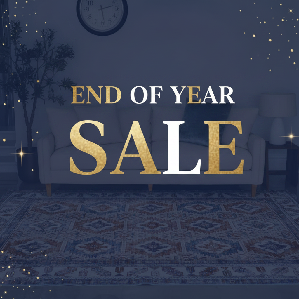 Living room with a large 'SALE!' sign overlayed, rug, sofa, and clock.