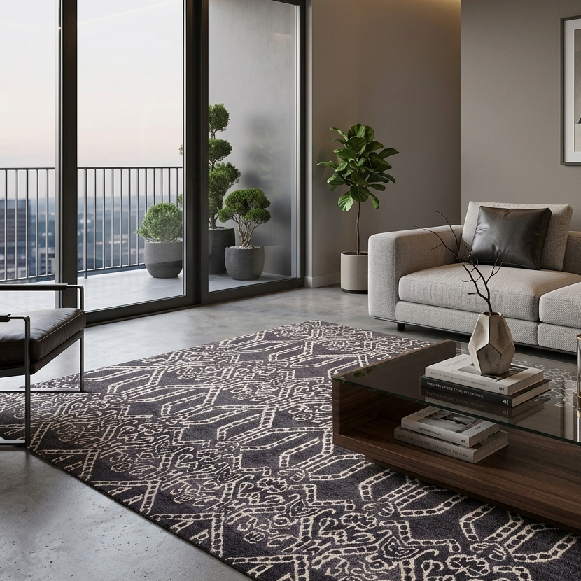 Modern living room with a large window, gray sofa, and decorative rug.
