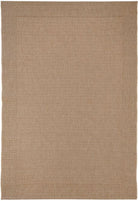 Beige woven rug with a subtle pattern on a plain background