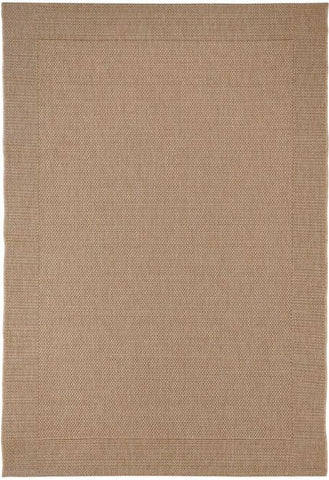 Beige woven rug with a subtle pattern on a plain background