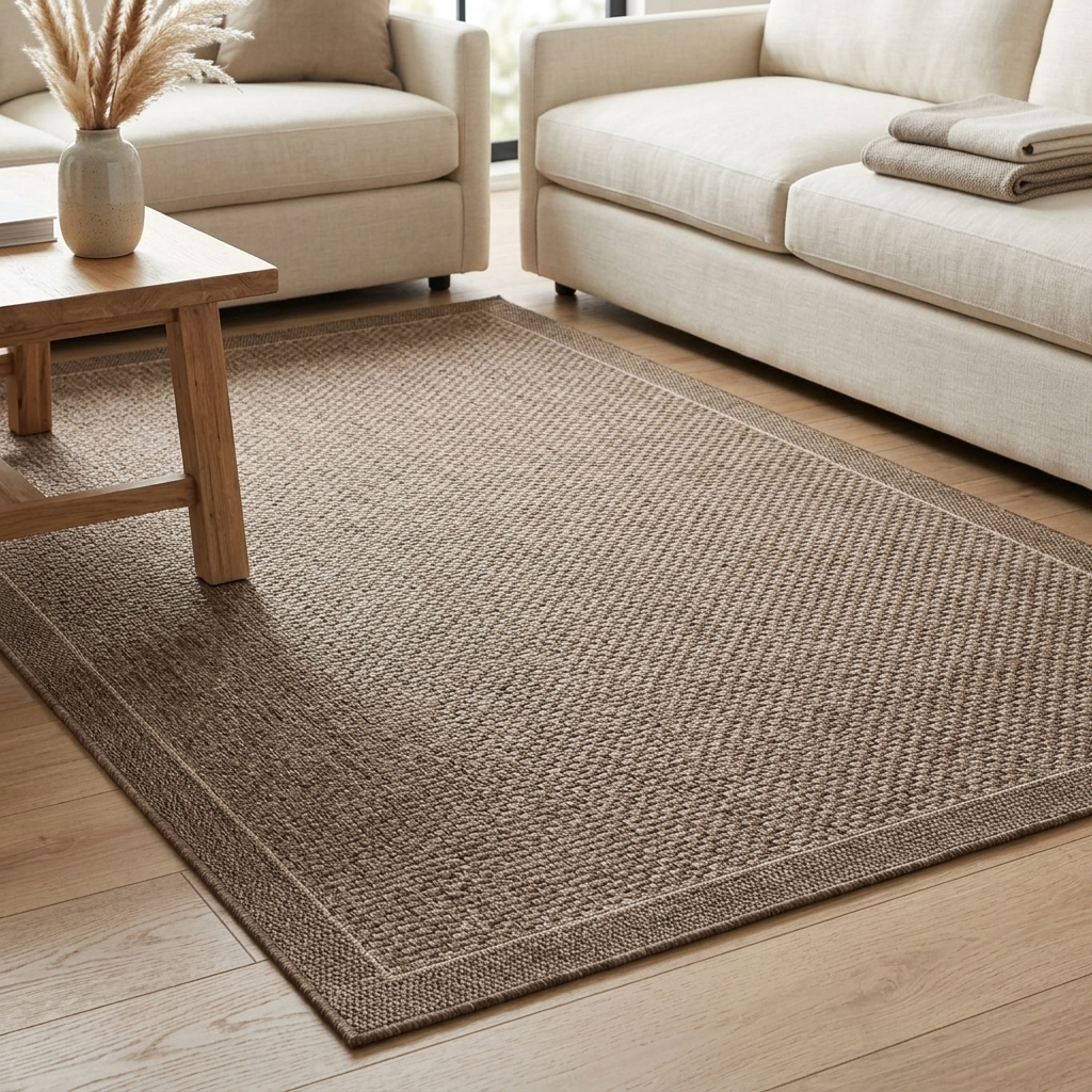 A rectangular woven area rug in a warm taupe-brown color with a subtle border, shown in a bright, modern living room setting on a light wood floor between beige sofas and a wooden coffee table.