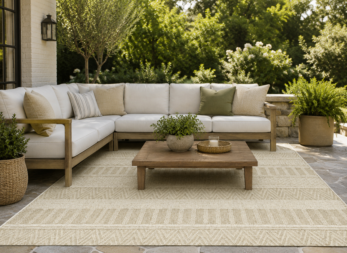 Outdoor patio with sectional sofa, coffee table, and potted plants on a patterned rug.