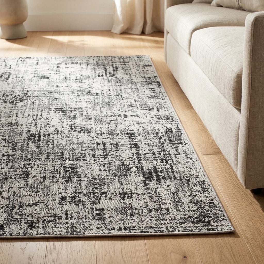 A rectangular area rug with a distressed black, gray, and off-white abstract pattern, shown on a light wood floor next to a beige sofa.