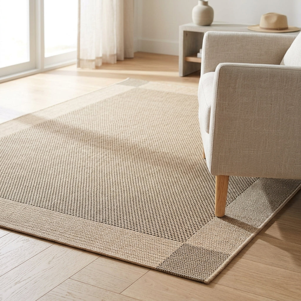 A natural woven area rug in beige and light brown tones with a checkered border, shown on a light wood floor in a bright living room next to a light-colored armchair.