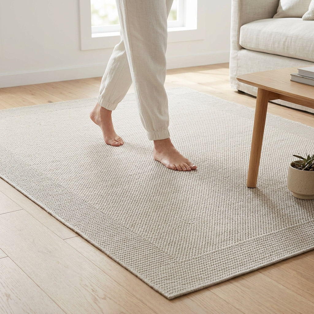 A light beige textured area rug on a light wood floor in a bright living room, with a person walking barefoot on the rug and a sofa and side table visible.