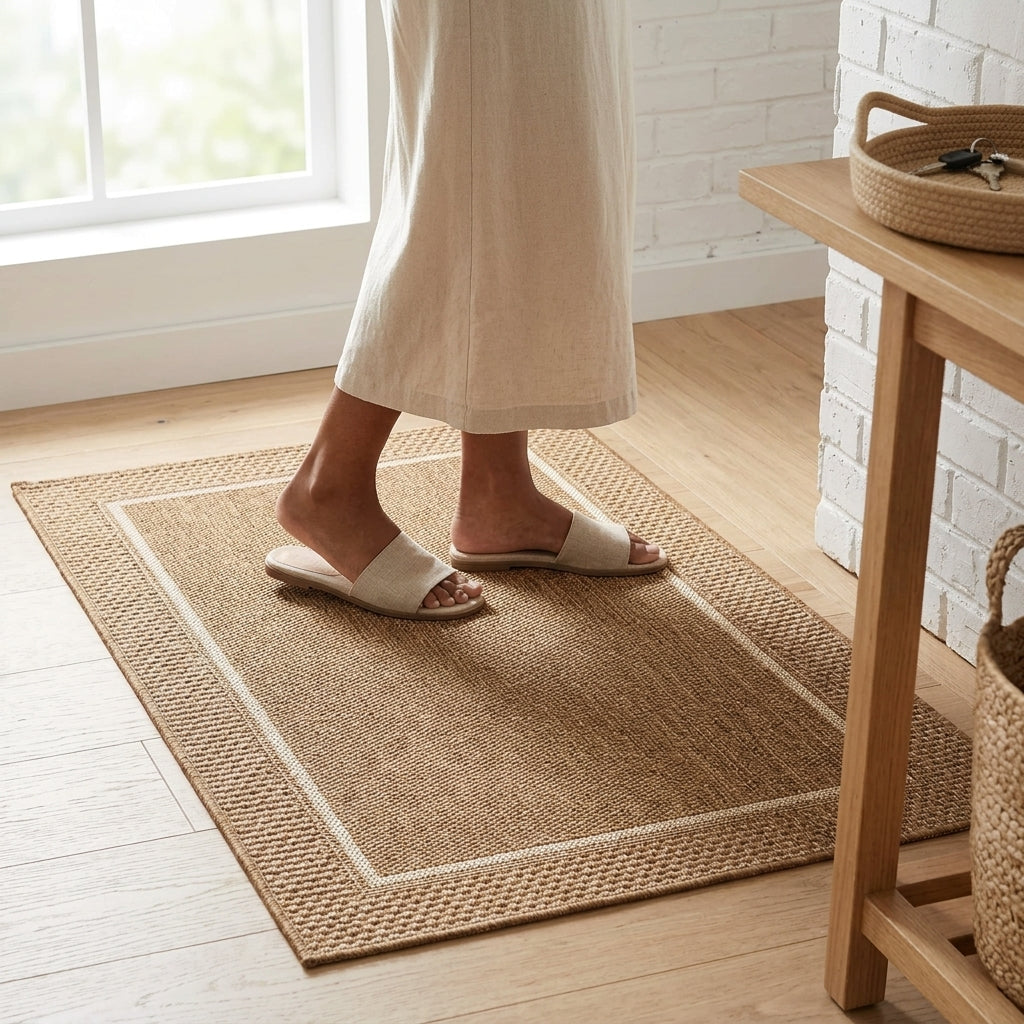 Person wearing white sandals on a woven mat in a home setting