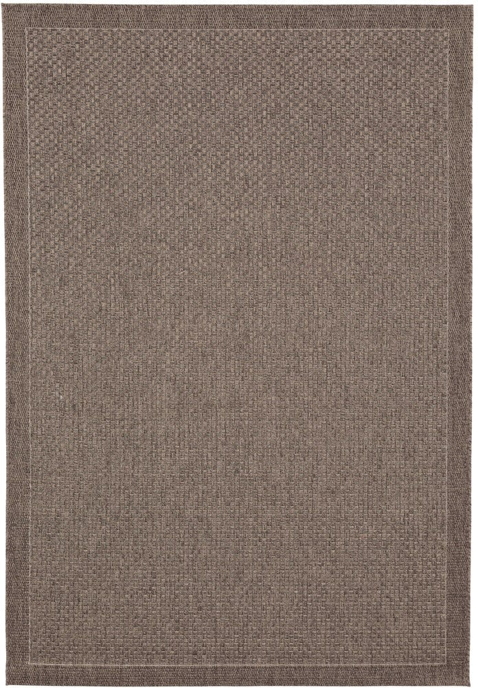 A square area rug with a textured, woven jute-like pattern in a warm taupe-brown color, featuring a subtle stitched border.