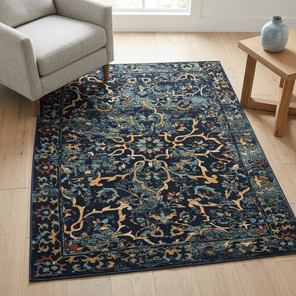 A rectangular area rug with a distressed traditional floral pattern in navy blue, beige, and muted orange, styled on a light wood floor in a living room setting next to a gray armchair and a wooden side table.