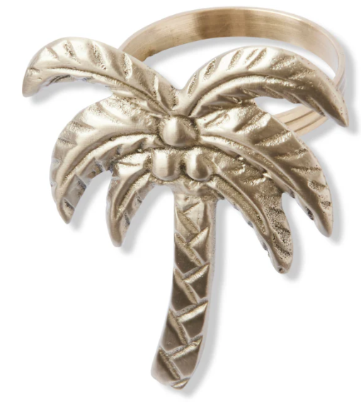 Gold palm tree-shaped ring on a white background