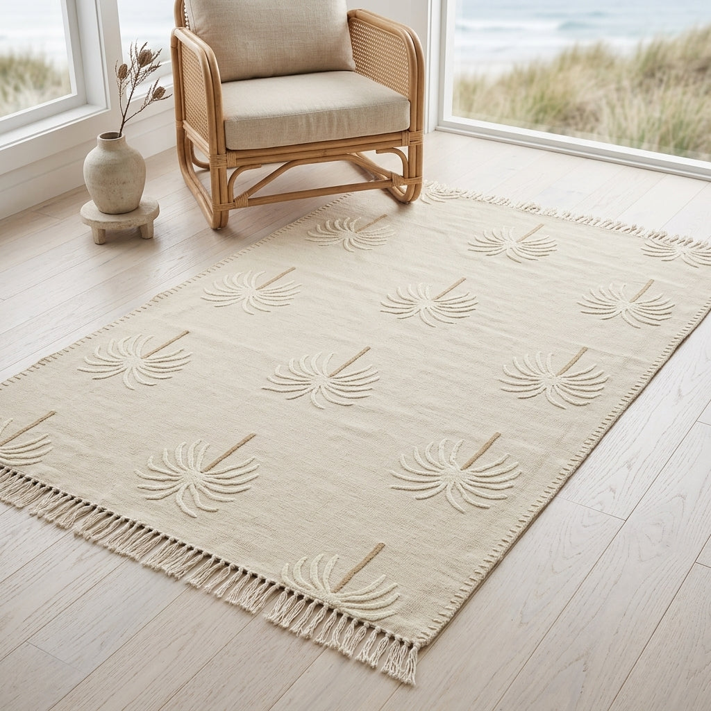 A cream-colored area rug with a raised palm leaf pattern and fringe, styled on a light wood floor next to a rattan armchair with a beach view.