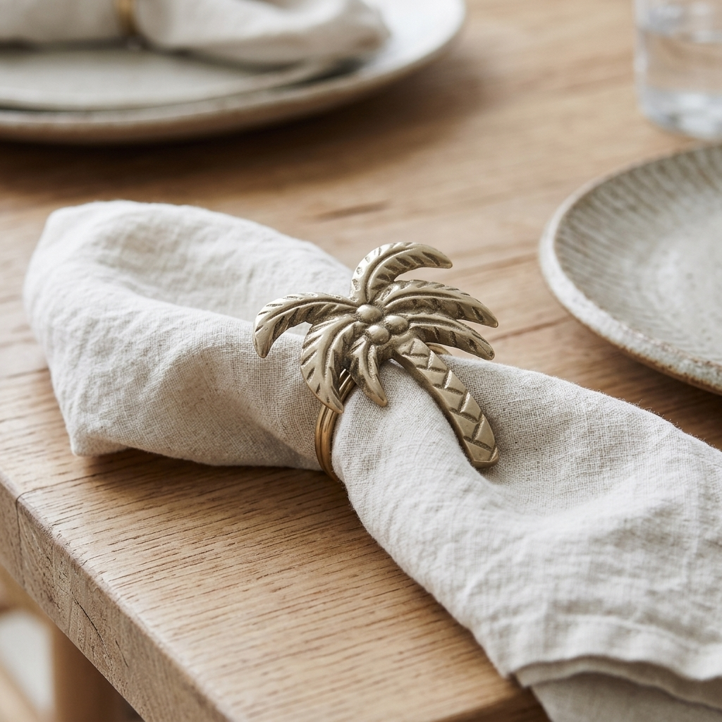 A palm tree-shaped ring holder with a metallic gold finish, shown holding a beige linen napkin on a wooden table setting.