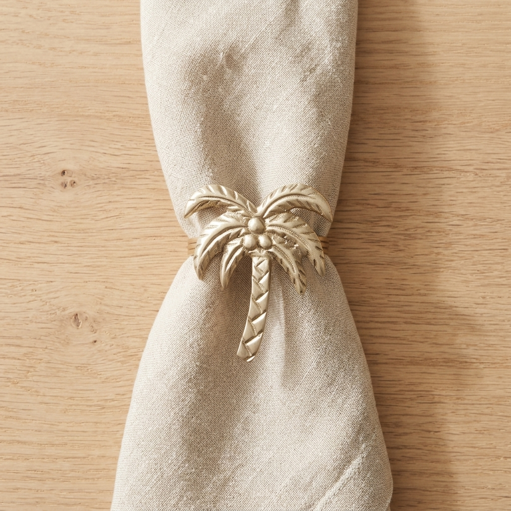 A gold palm tree napkin ring holding a beige linen napkin on a light wood tabletop.