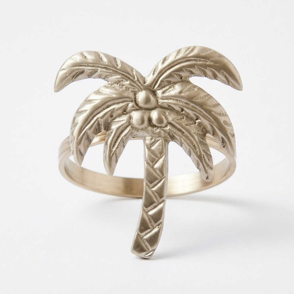 A gold-toned metal ring shaped like a palm tree with textured leaves, a central coconut detail, and a braided trunk, shown on a clean white background.