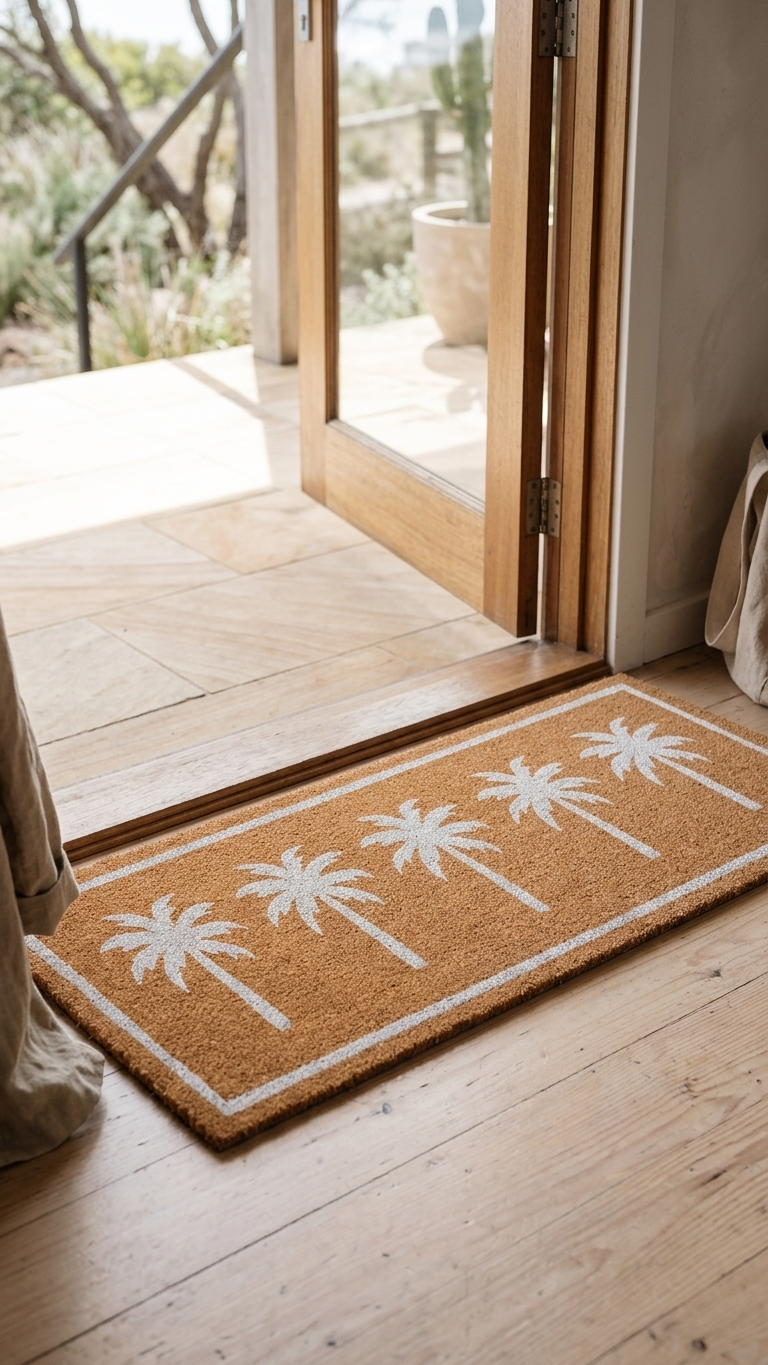 A rectangular coir doormat with a white palm tree pattern and border, placed on a light wood floor in front of glass doors leading to a patio.