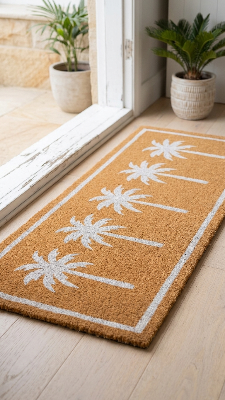 A rectangular coir doormat with a white palm tree pattern and border, shown on a light wood floor in front of a doorway with potted plants in the background.