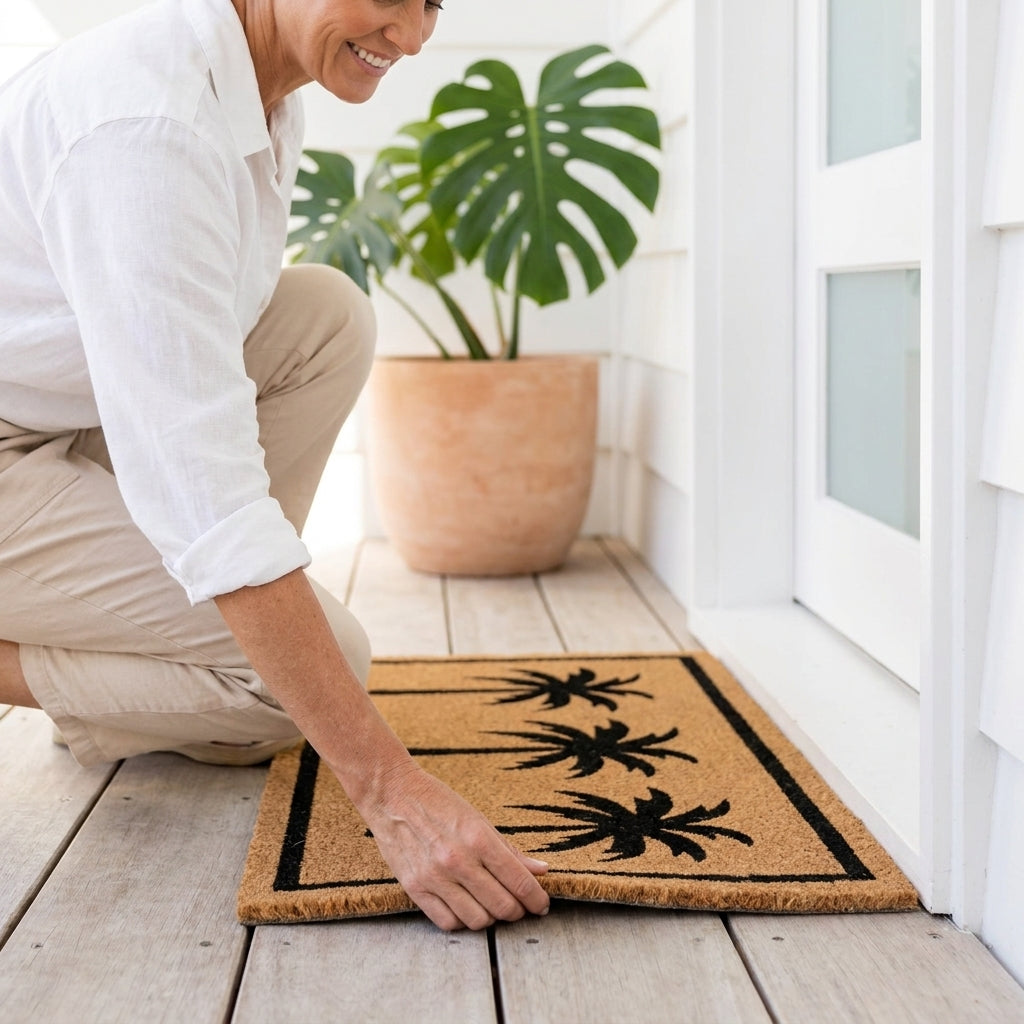 Person placing a doormat with palm tree design on a wooden floor.