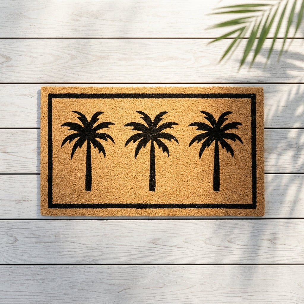 Doormat with palm tree design on a wooden floor