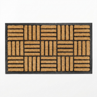 A rectangular coir doormat with a black border, featuring a woven basketweave pattern of natural tan coir strips on a white background.