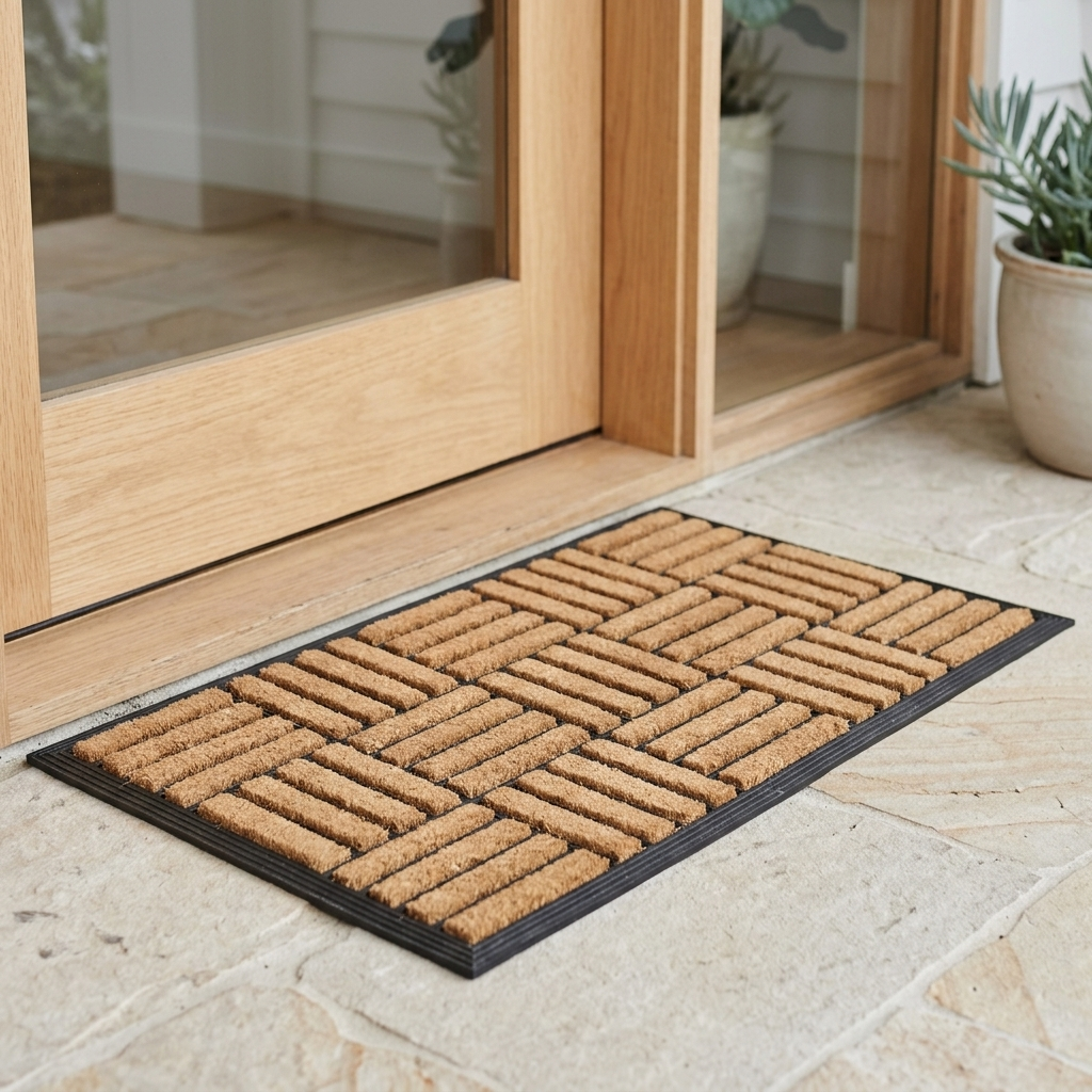 A rectangular coir doormat with a black border, shown on a stone patio in front of a wooden door.
