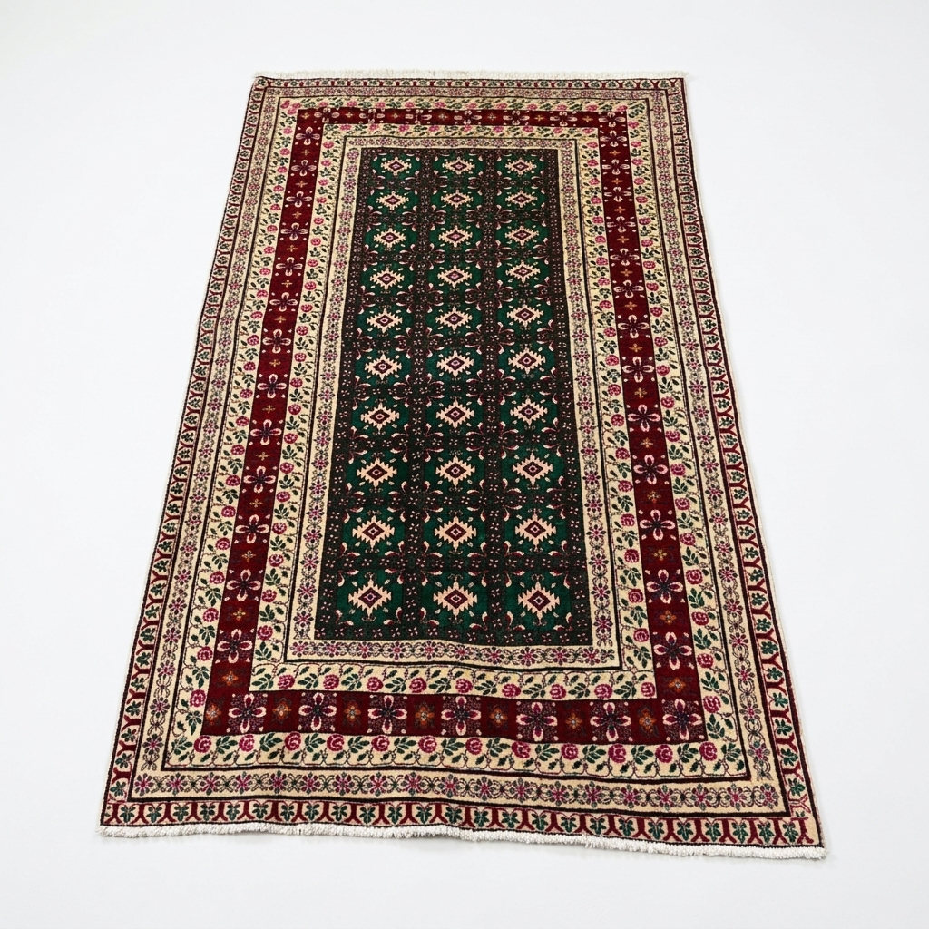 A rectangular traditional area rug with a dark green central field, deep red borders, and cream and beige floral patterns, shown flat against a white background.