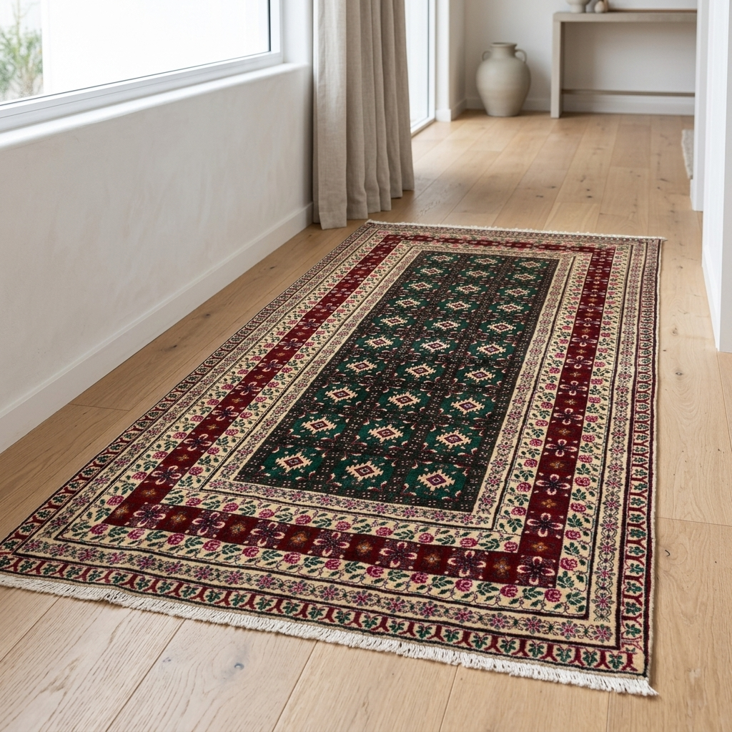 A rectangular traditional-style area rug with a dark green central field and red, beige, and cream borders, shown on a light wood floor in a bright room near a window.