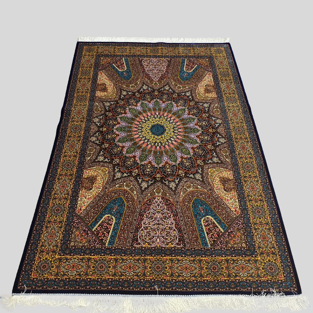 Decorative rug with intricate patterns on a plain background