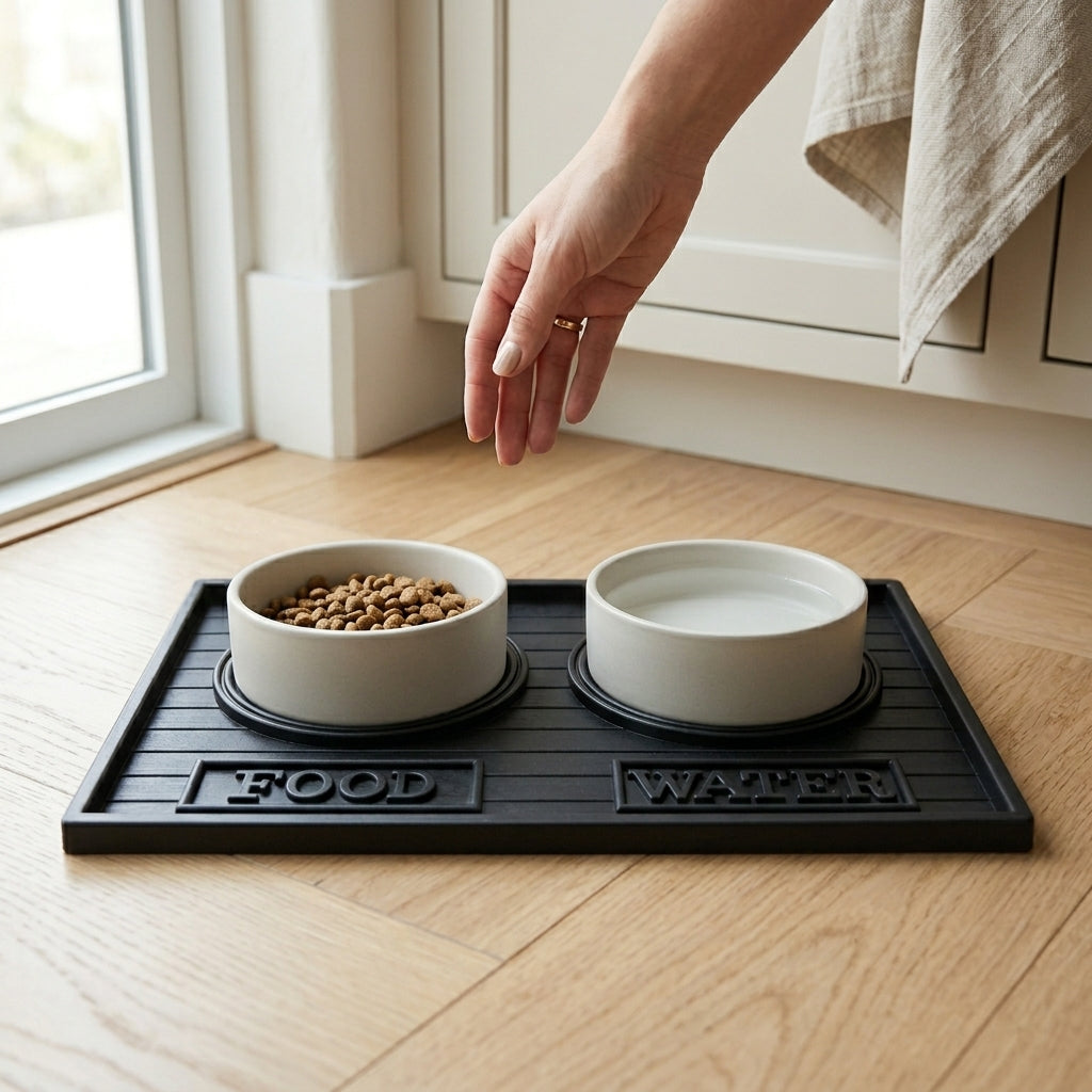 Two pet bowls on a mat with 'Food' and 'Water' labels, placed on a wooden floor.