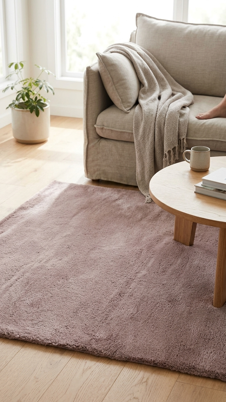 A soft, dusty pink area rug laid out on a light wood floor in a bright, modern living room setting with a beige sofa, a small wooden coffee table, and a potted plant.