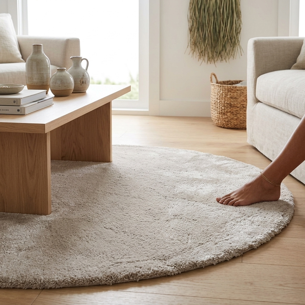 A round, light beige shag rug on a light wood floor in a bright living room, with a person's bare foot stepping onto the rug next to a wooden coffee table and a white sofa.
