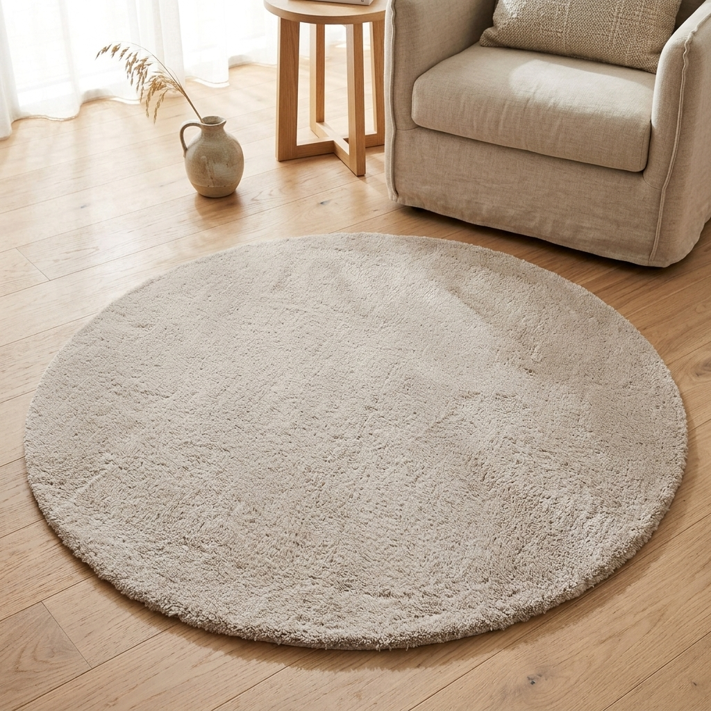 A round, shaggy area rug in a light beige color, shown on a light wood floor in a cozy living room setting with a sofa and side table.