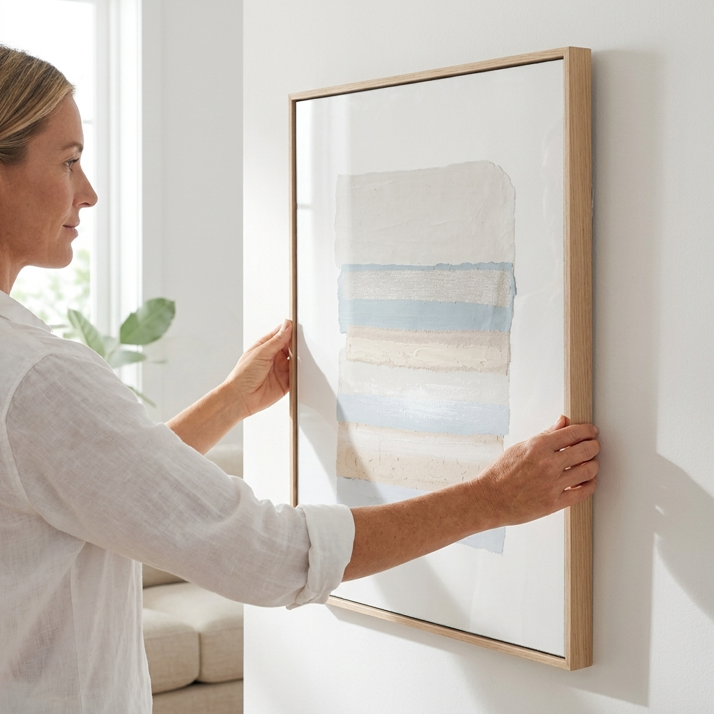 A woman in a white shirt holds a large framed abstract art print against a white wall in a bright, modern room. The print features soft horizontal brushstrokes in light blue, beige, and white, set in a light natural wood frame.