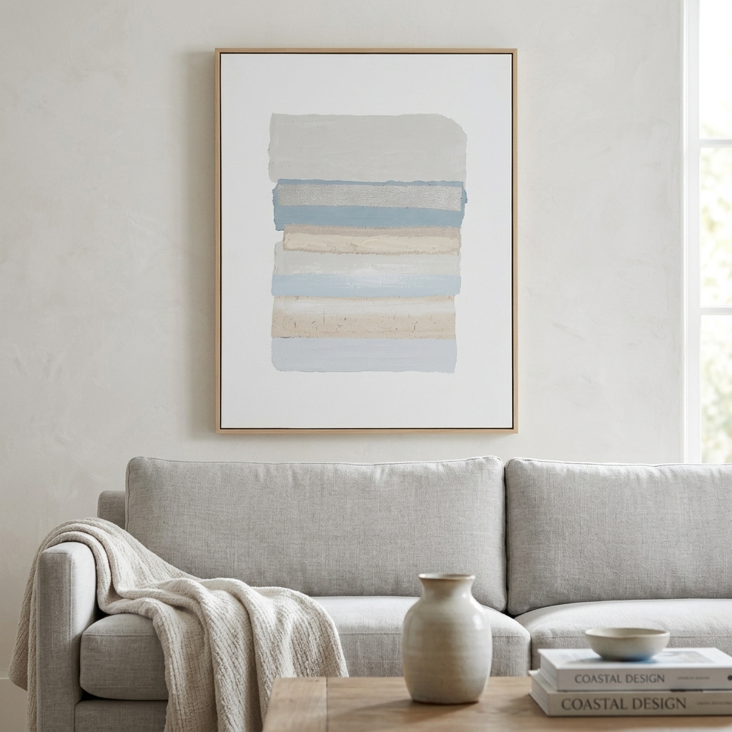 A framed abstract art print with horizontal watercolor stripes in soft beige, cream, and light blue tones, hanging on a textured off-white wall above a light gray sofa in a styled living room.