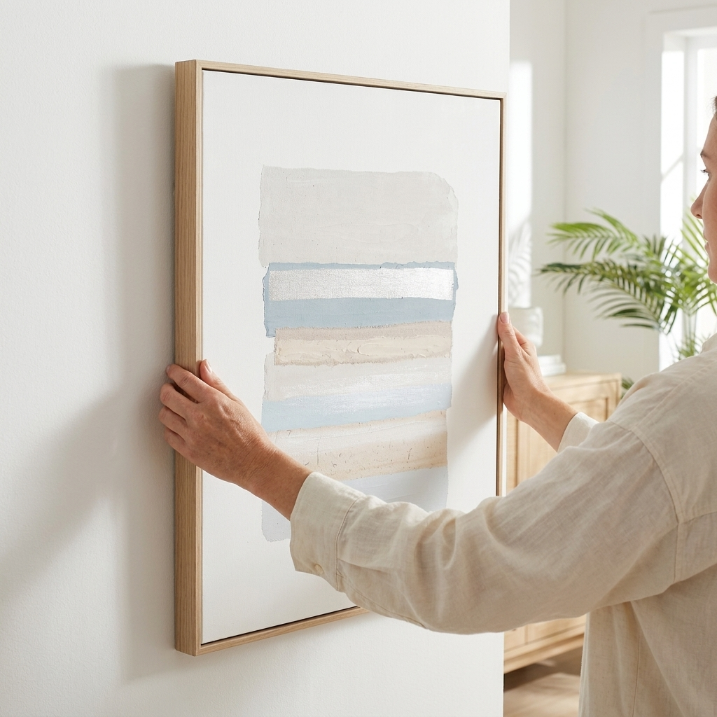 A person in a beige linen shirt holds a light wood framed abstract art print against a white wall in a bright, modern room.