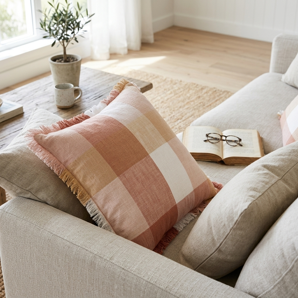 A square throw pillow with a pink, beige, and white buffalo plaid pattern and fringed edges, styled on a light beige sofa in a bright, modern living room.