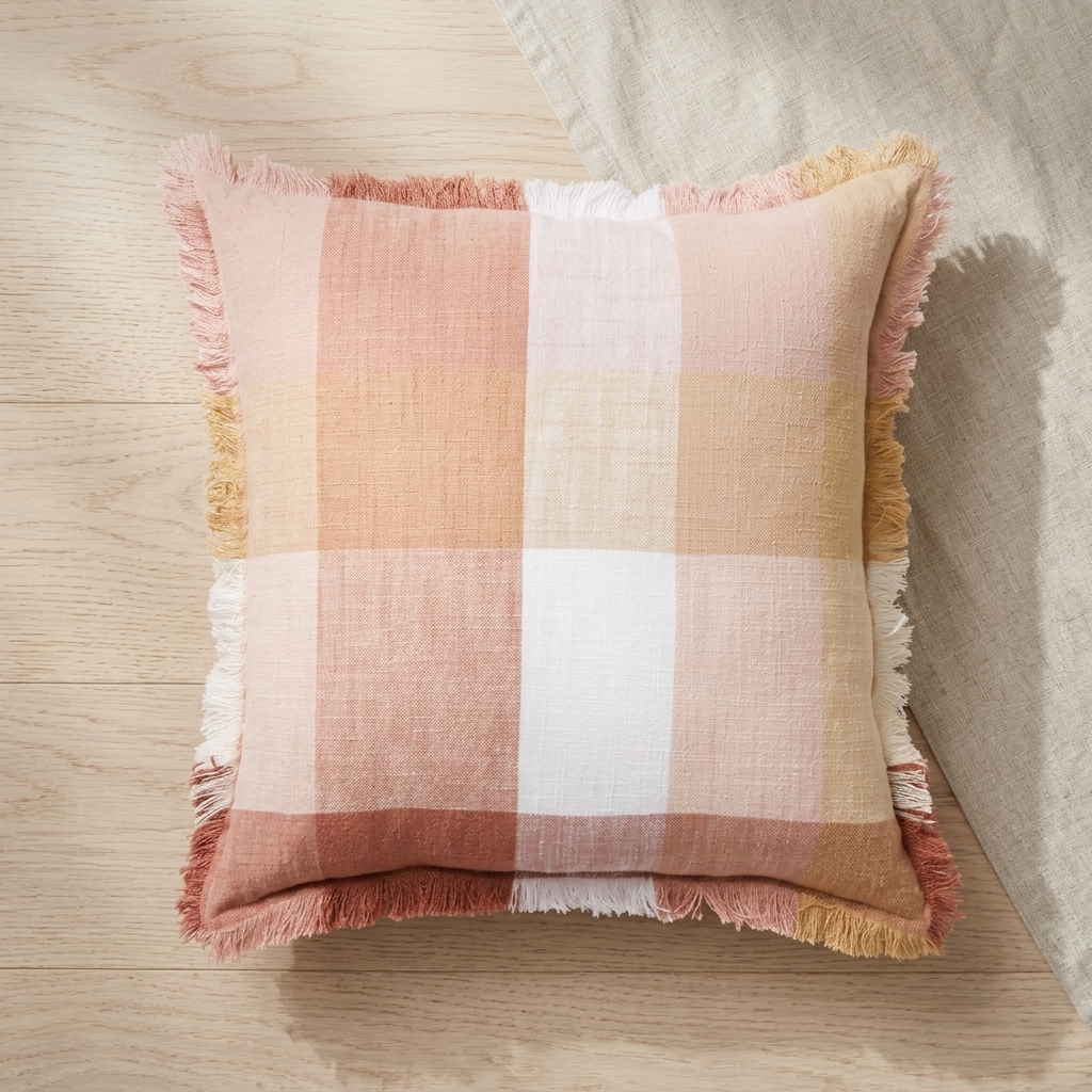 A square throw pillow with a soft plaid pattern in dusty pink, peach, cream, and white, finished with fringed edges, resting on a light wood floor next to a neutral fabric surface.