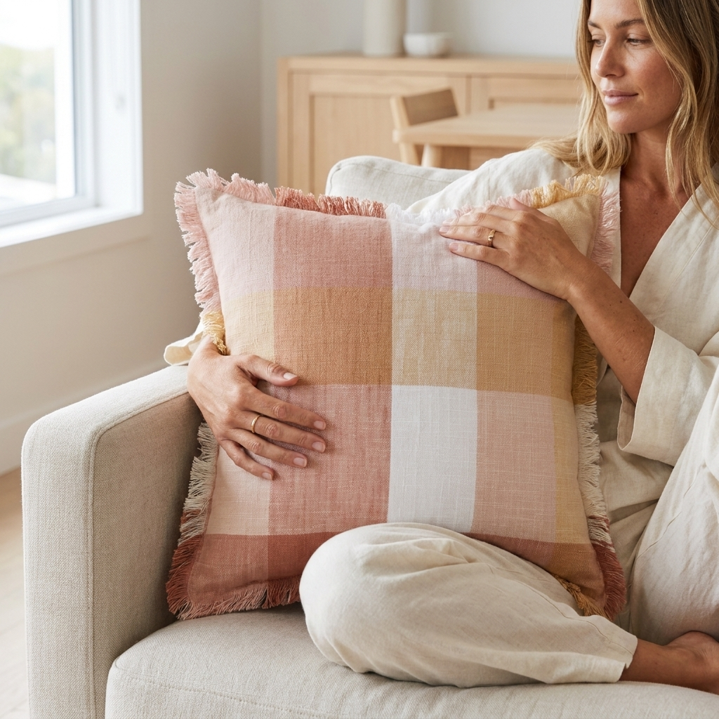 A woman in a cream robe sits on a light beige sofa holding a large square throw pillow with a soft plaid pattern in blush pink, peach, cream, and tan, finished with fringed edges.