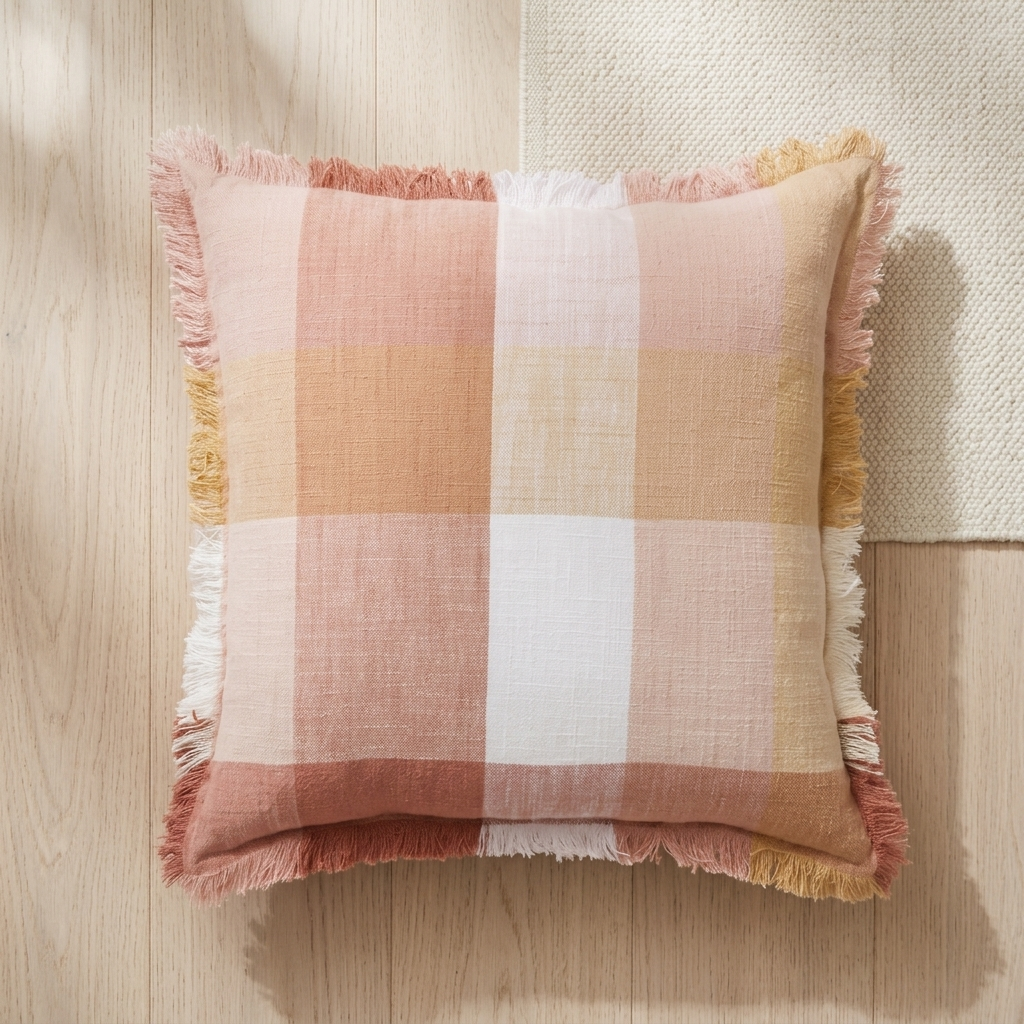 A square throw pillow with a soft plaid pattern in dusty pink, peach, cream, and white, finished with fringed edges, styled on a light wood floor next to a woven rug.