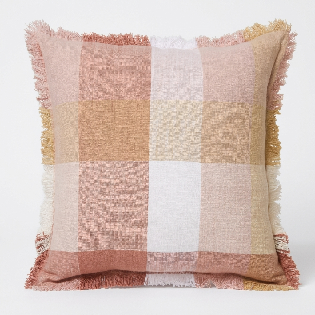 A square throw pillow with a soft plaid pattern in dusty pink, beige, white, and muted gold, finished with fringed edges, shown against a plain white background.
