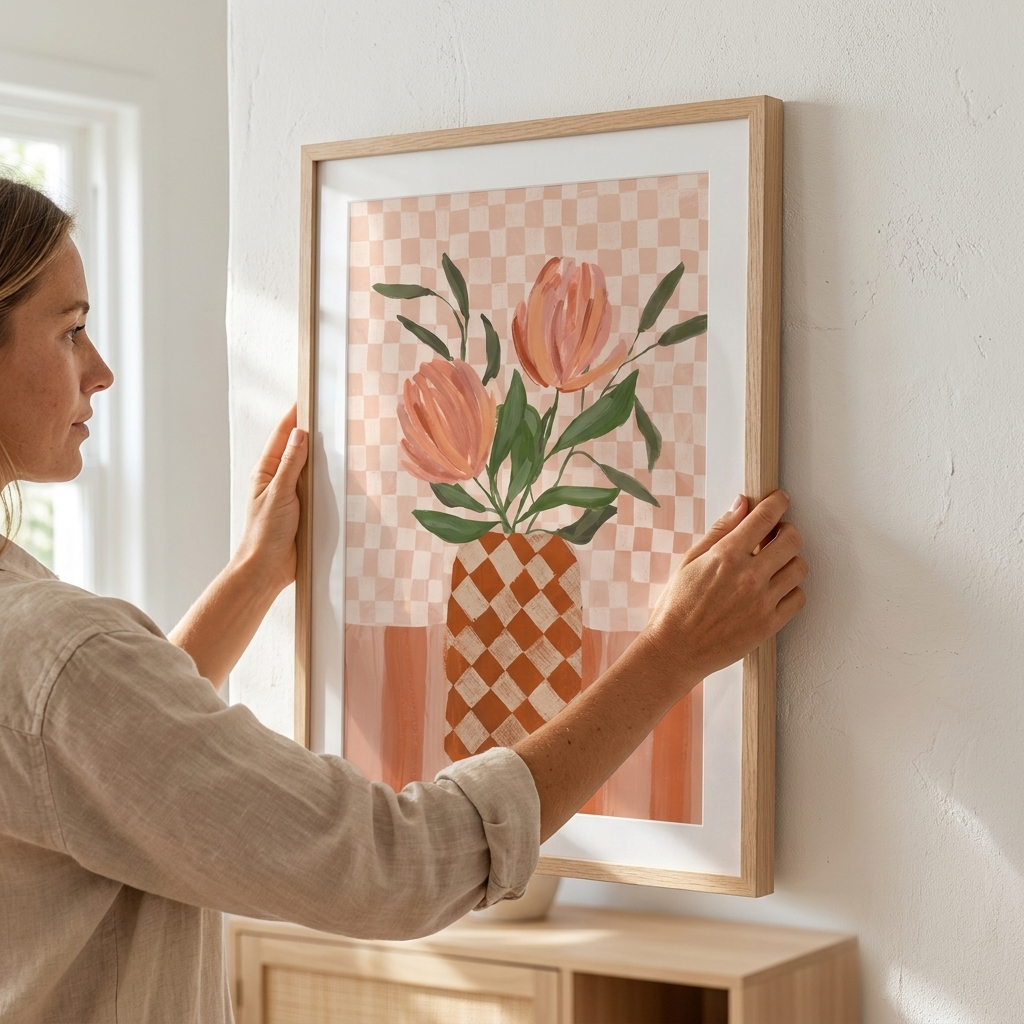 A woman in a beige linen shirt hangs a framed art print on a white textured wall. The print features a stylized illustration of pink tulips in a checkered orange and white vase against a pink and white checkered background, in a light natural wood frame.