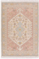 Decorative rug with intricate patterns in pastel colors on a white background