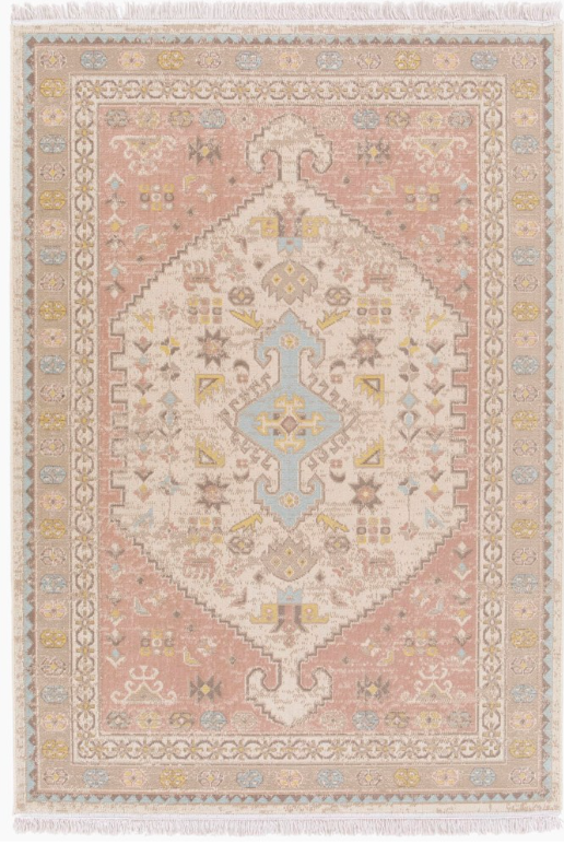 Decorative rug with intricate patterns in pastel colors on a white background