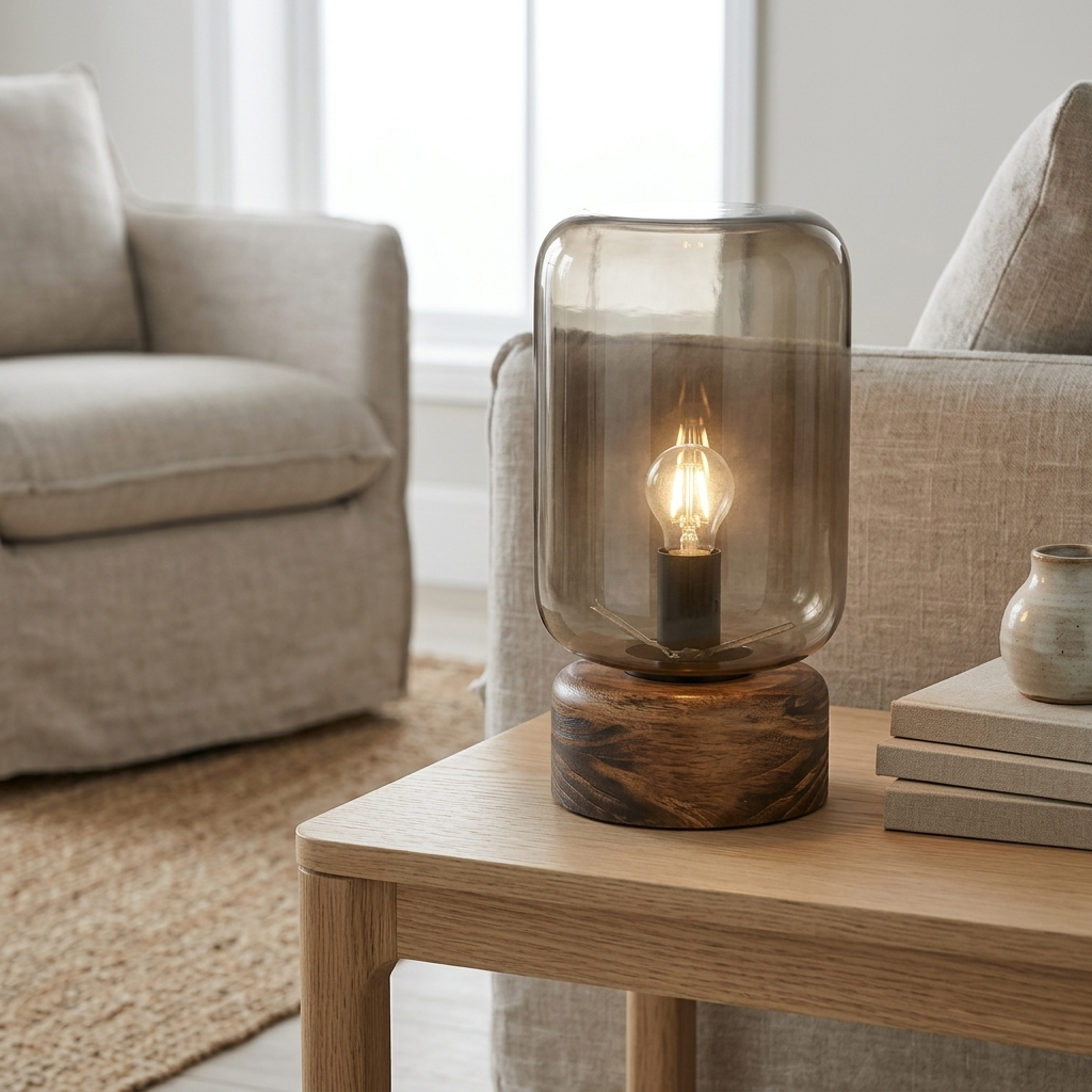 A table lamp with a smoky amber glass dome and a dark wood base, lit with a warm Edison bulb, sitting on a wooden side table in a cozy living room setting.