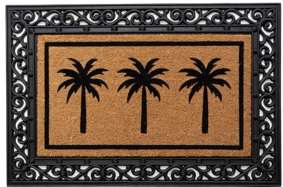 Doormat with palm tree design and decorative black frame