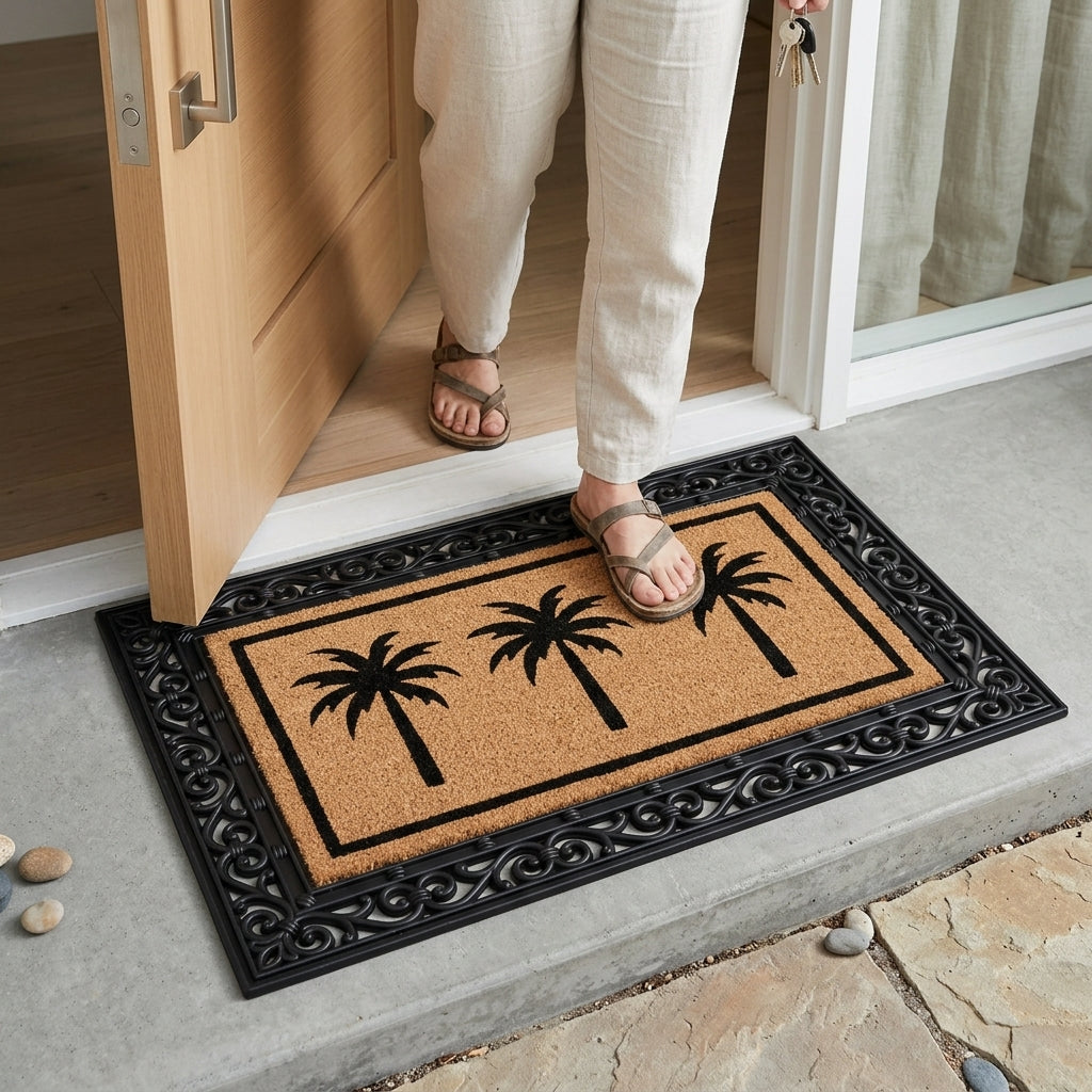 Doormat with palm tree design on a concrete floor outside a wooden door.