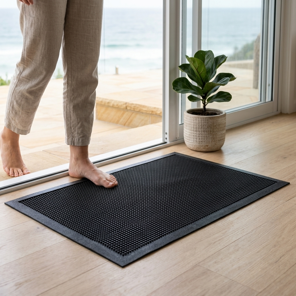A black textured rubber door mat with a raised border, shown on a light wood floor in front of glass doors. A person's bare feet and lower legs are stepping onto the mat, and a potted green plant sits nearby.