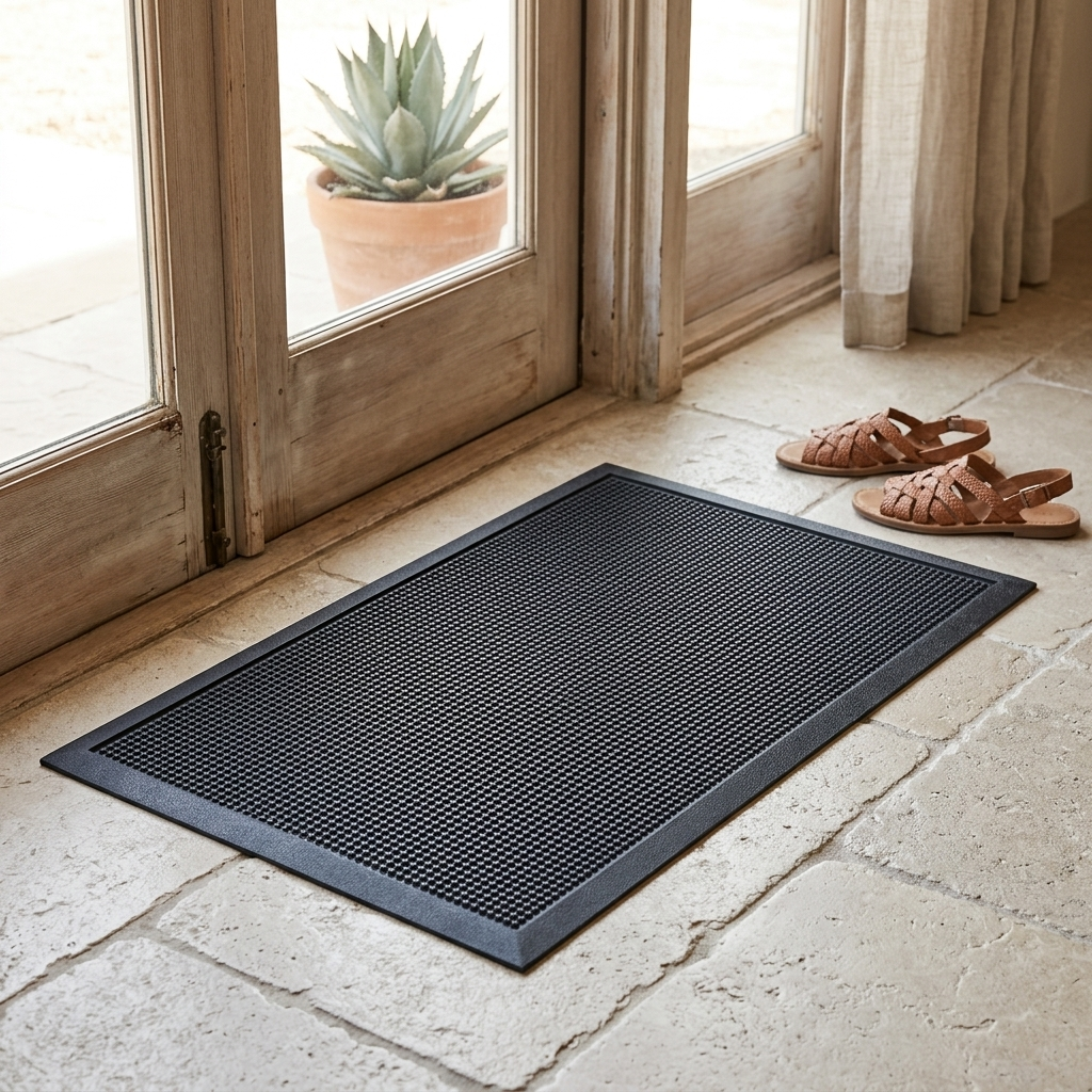 A black rectangular mat with a raised grid texture lies on a light stone floor in front of wooden glass doors, with a pair of brown sandals nearby and a potted succulent visible outside the door.